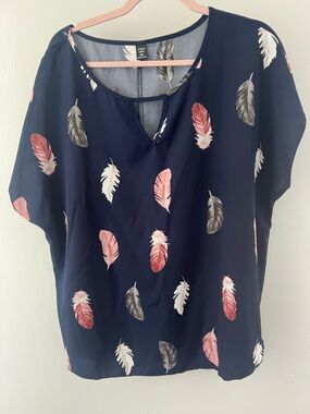 SHEIN Navy Blouse with Pink & Gray Feather Print